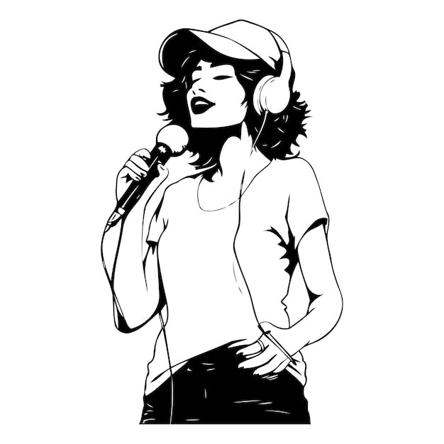 Векторная иллюстрация молодой женщины, поющей караоке с наушниками