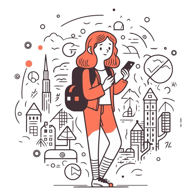 Вектор Векторная иллюстрация молодой женщины с рюкзаком с помощью смартфона