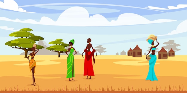 벡터 만화 스타일의 아프리카 사람들의 삶의 터 일러스트레이션 사막 한가운데의 나무와 건조한 풀 집 사바나 뜨거운 기후