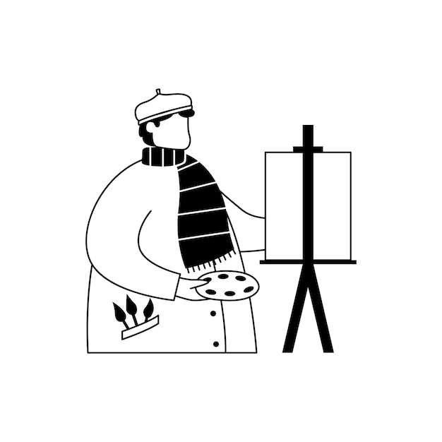 Векторная иллюстрация художника, рисующего картину на мольберте.