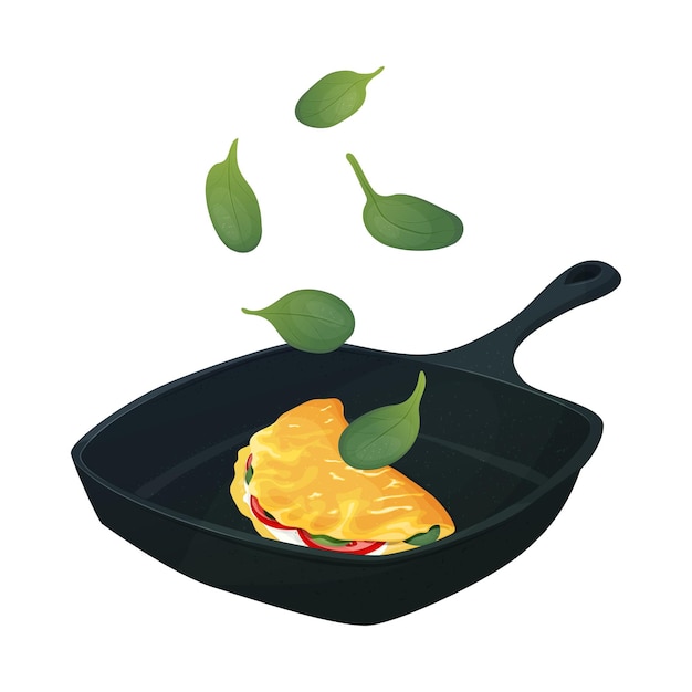 Векторная иллюстрация омлета с кусочками помидоров и шпинатом на сковородке