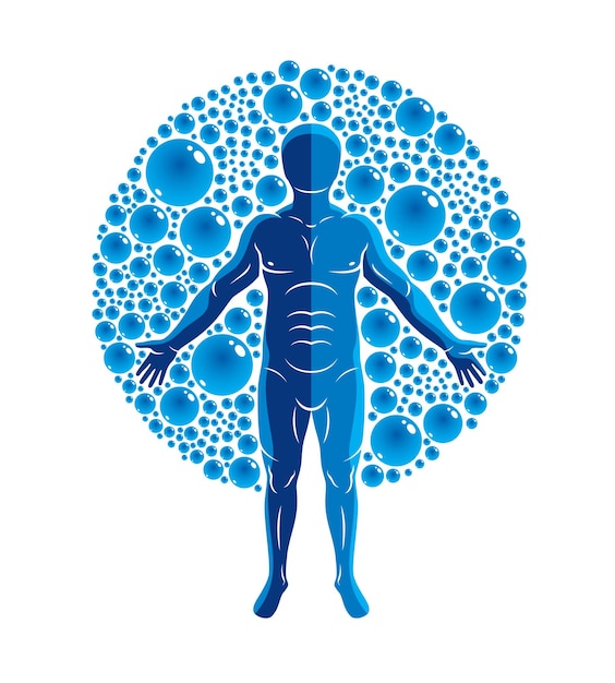 Вектор Векторная иллюстрация спортивного человека, изолированного на белом и окруженного водяными пузырьками, элементом воды.
