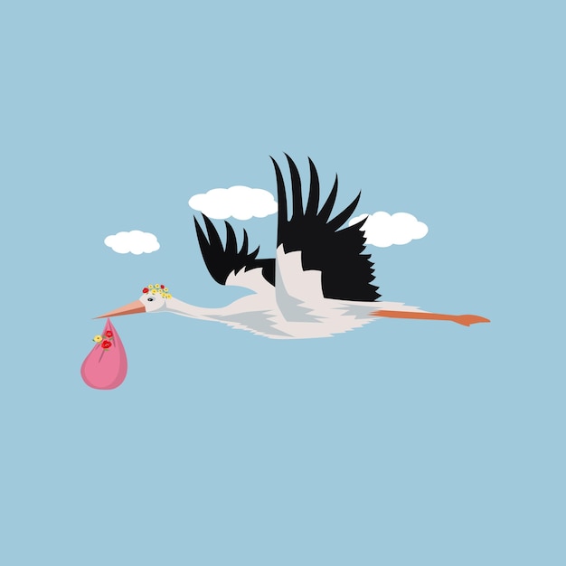 벡터 황새와 베이비 샤워 초대장의 벡터 그림입니다. 주머니에 아기를 안고 있는 황새.