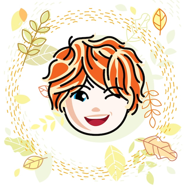 아름다운 빨간 머리 행복한 소녀의 얼굴, 긍정적인 얼굴 특징, 십대 윙크의 벡터 삽화. 가을 테마 클립 아트.