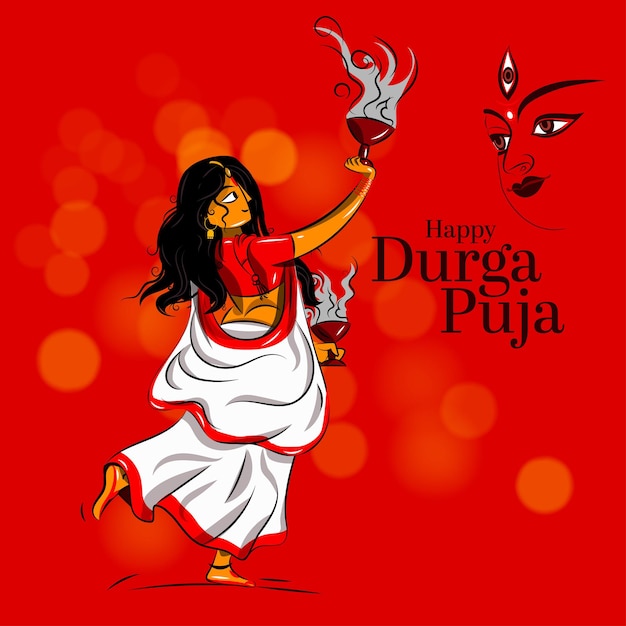 벡터 durga puja pandal에서 dhunuchi 댄스를 수행하는 벵골 여성의 벡터 그림