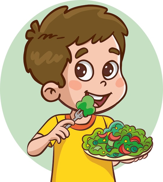 Вектор Векторная иллюстрация мальчика, который ест салат