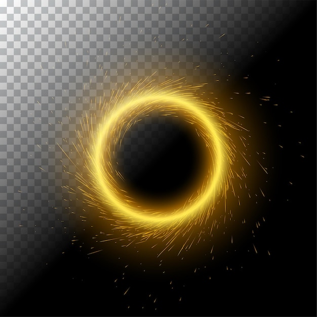 ベクトル 黒い透明な背景に輝く輝く円の形をした火花を持つ明るい火の魔法のポータルのベクトル イラスト キラキラ光るラウンド フレーム テンプレート 発光効果