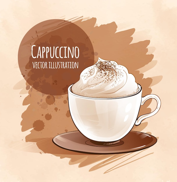 Вектор Векторная иллюстрация чашки кофе капучино на акварельном фоне с брызгами.