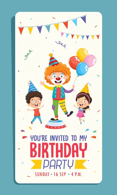 ベクトル 子供の誕生日パーティーの招待状カードデザインのベクトルイラスト