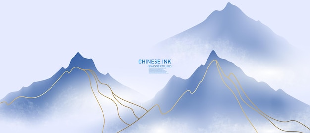 현대적인 디자인의 우아한 금색 선이 있는 골동품 종이에 중국 잉크 풍경화의 벡터 그림.