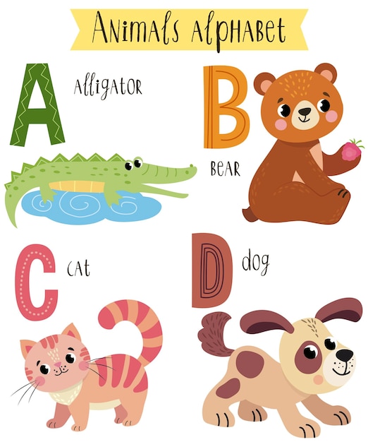 그림의 A에서 D까지의 귀여운 동물의 벡터 일러스트 어린이 알파벳