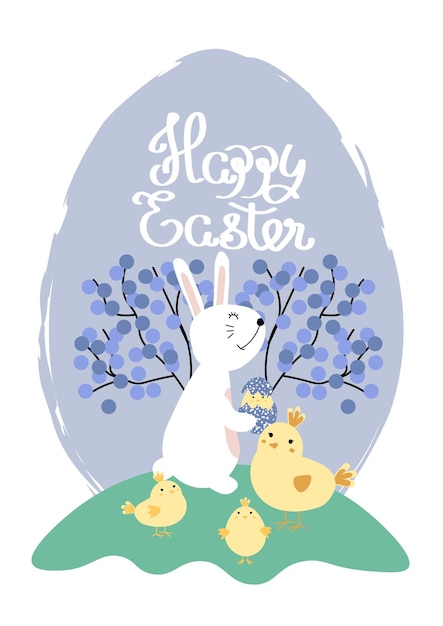 Векторная иллюстрация милого кролика с яркими яйцами и маленькими цыплятами
