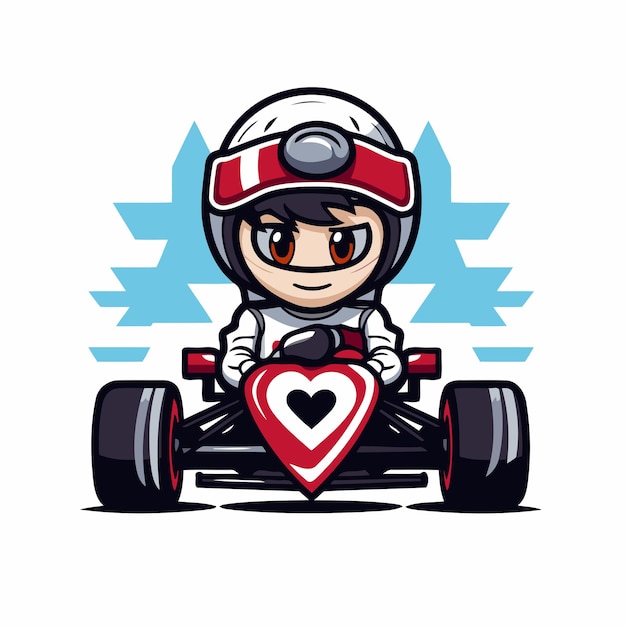 Векторная иллюстрация милого мультфильма о гонщике на картах в форме сердца