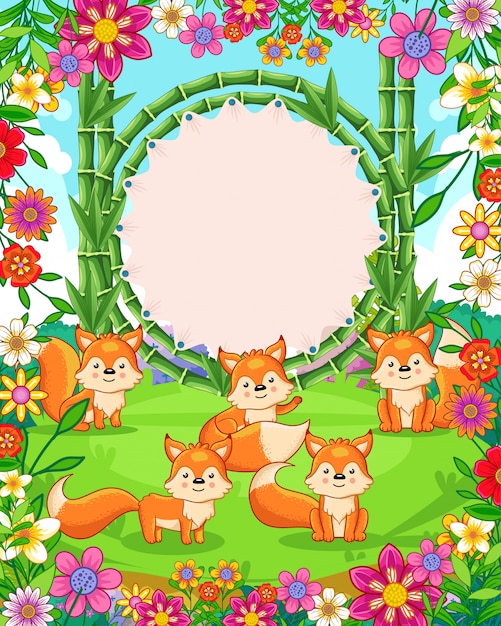 Векторная иллюстрация милые лисы с бамбуком пустой знак в саду