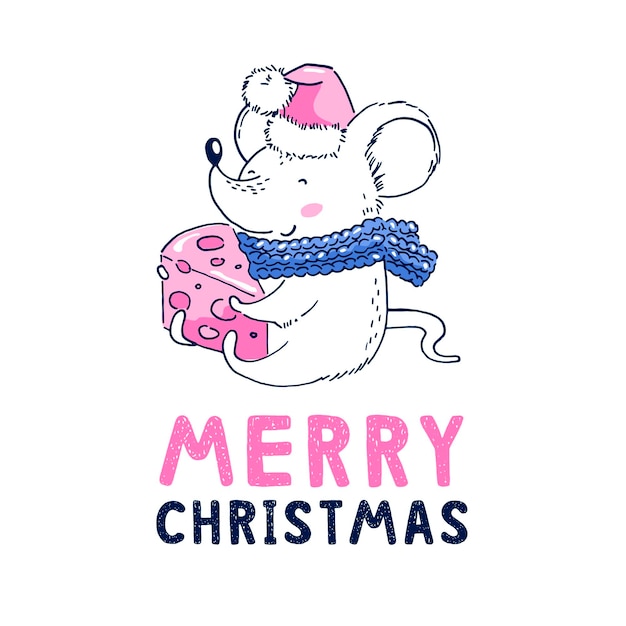 Векторная иллюстрация милый маленький мышонок с сыром. с рождеством христовым надписи. открытка.