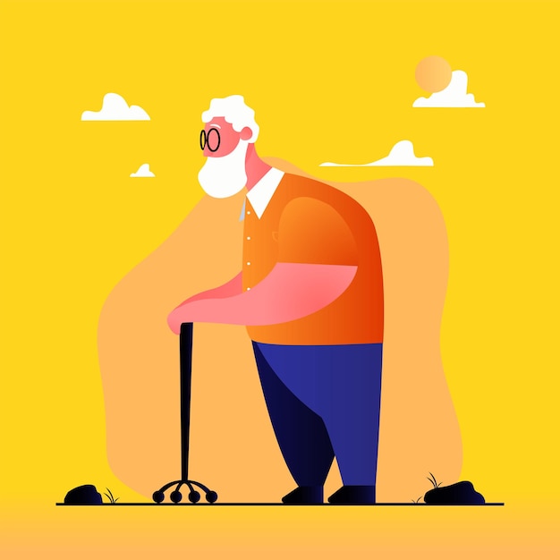 Векторная иллюстрация милый старик мультипликационный персонаж с бородой и тростником. может использоваться в буклетах, интернете, журналах.