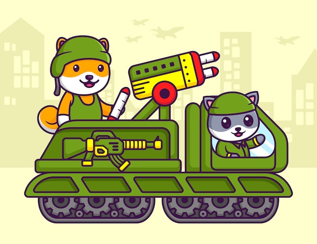 Векторная иллюстрация милого шиба-ину и кота за рулем военного грузовика с оружием в мультяшном плоском стиле
