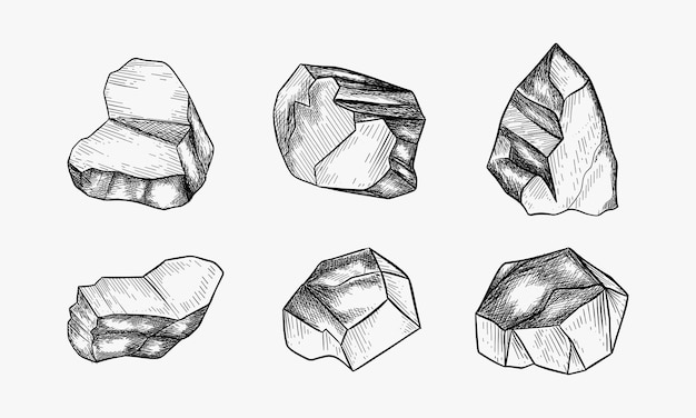 벡터 다양한 모양의 돌 세트의 터 일러스트레이션 귀중한 돌 크리스탈 보석 세트 빈티지 손으로 그린 스타일