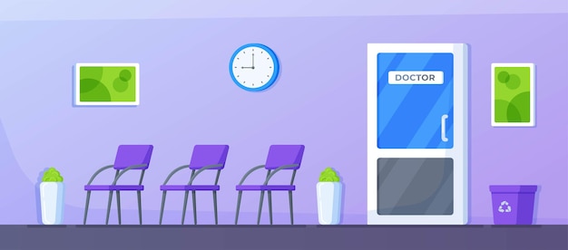 Векторная иллюстрация врачебной хирургии. интерьер коридора в кабинет врача в поликлинике. пустой медицинский дизайн офиса. больница, работающая в концепции здравоохранения.