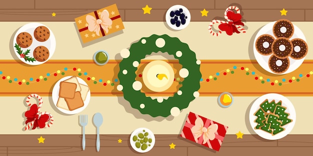 Вектор Векторная иллюстрация праздничного новогоднего стола. вкусное рождественское застолье с печеньем, тостами, пончиками при свечах и рождественским венком в мультяшном стиле.