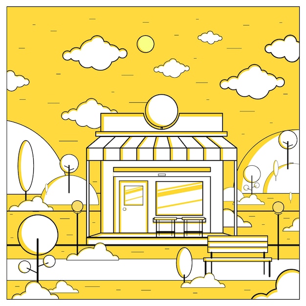 Векторная иллюстрация магазина с плоским дизайном и его окружения