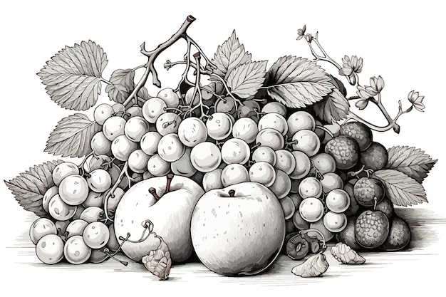 ベクトル 果物とベリーのセットのベクトルイラスト バナナ・アナナス・ピア・ストロベリーの静物