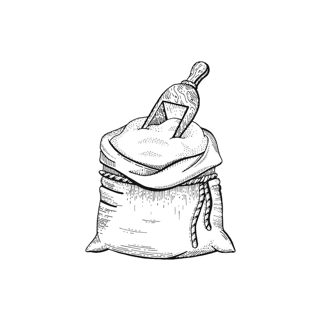 Векторная иллюстрация ручного рисования мешка с мукой, рисовой солью, сахаром, хлебным эскизом, искусство черной линии