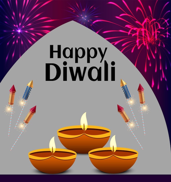 Вектор Векторная иллюстрация плаката happy diwali с красочными фейерверками и диями