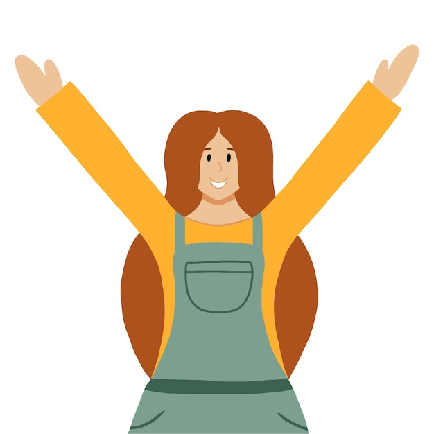 Вектор Векторная иллюстрация счастливой девушки. улыбающаяся девочка с поднятыми руками. стиль бохо. векторная иллюстрация