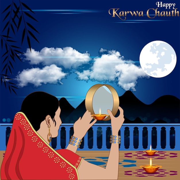 ゴールド スタイルの背景を持つハッピー karwa chauth フェスティバル カードのベクトル イラスト