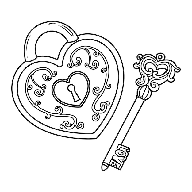Вектор Векторная иллюстрация замка в форме сердца и его ключа. романтический рисунок каракулей.