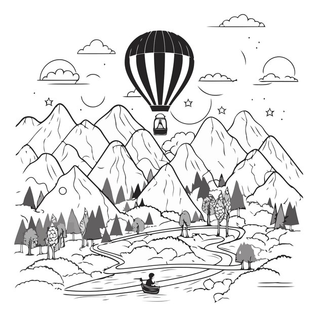 Вектор Векторная иллюстрация воздушного шара, летящего над горами, в черно-белом цвете