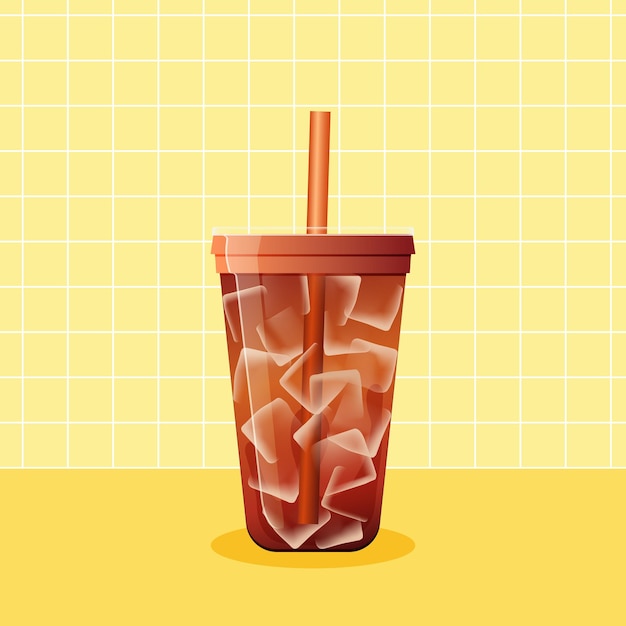 Вектор Векторная иллюстрация iced americano в пластиковой чашке на желтом фоне