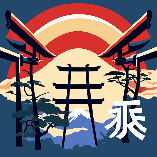 ベクトル 赤い門と木々のある日本の風景のベクトル イラスト