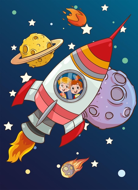 ベクトル 子供とロケットのベクトルイラスト 小さな子供たちがロケットで幸せに飛んでいます