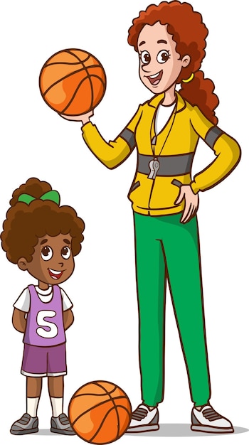 Вектор Векторная иллюстрация детской баскетбольной команды и тренера команды