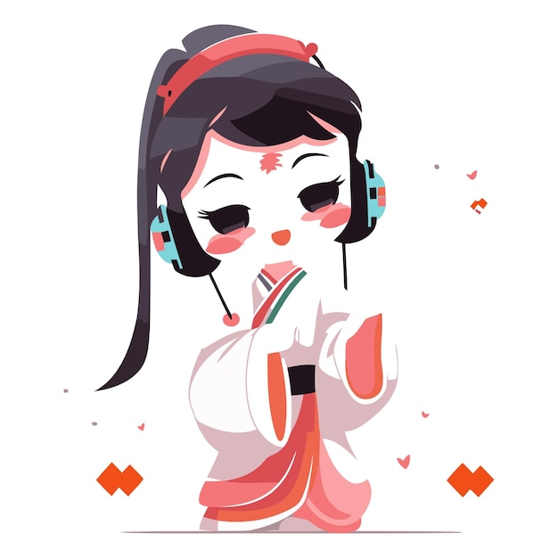 ベクトル キモノを着てヘッドフォンで音楽を聴いている韓国人の女の子のベクトルイラスト