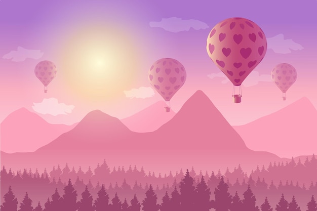 Вектор Векторная иллюстрация пейзажа с воздушным шаром над горами на закате. романтика, любовь, концепция валентина.