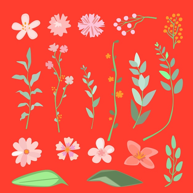 Векторная иллюстрация коллекции листьев и цветов в милом мультяшном стиле