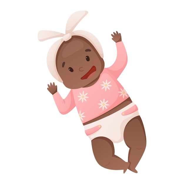白で隔離のおむつで横たわっているアフリカ系アメリカ人の新生児のベクトル図かわいいかわいい赤ちゃんの女の子の笑顔