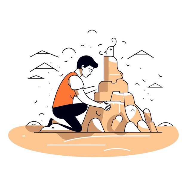 벡터 모래 성을 짓는 사람의 터 일러스트레이션 웹 사이트 광고 배너 포스터 보드 및 인쇄에 대한 평선 아트 디자인