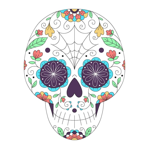 Вектор Векторная иллюстрация мексиканского черепа с орнаментом и цветами сахарный череп день мертвых тату психоделические цвета