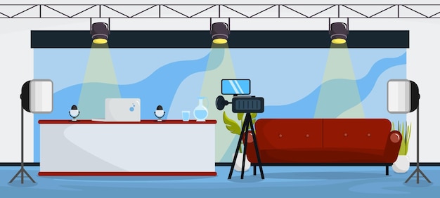 ベクトル モダンなインテリア テレビ スタジオのベクトル イラスト ゲスト カメラ照明マイクの背景のためのホスト テーブル ソファと漫画のインテリア