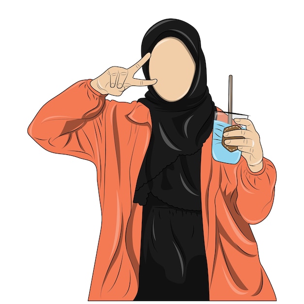 벡터 음료 한 잔을 들고 평화 스타일의 히잡을 쓴 이슬람 여성의 벡터 그림