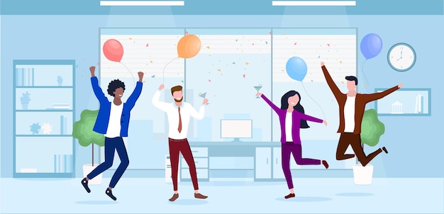 Векторная иллюстрация офисных вечеринок сотрудников празднуют и веселится на корпоративной вечеринке в офисе