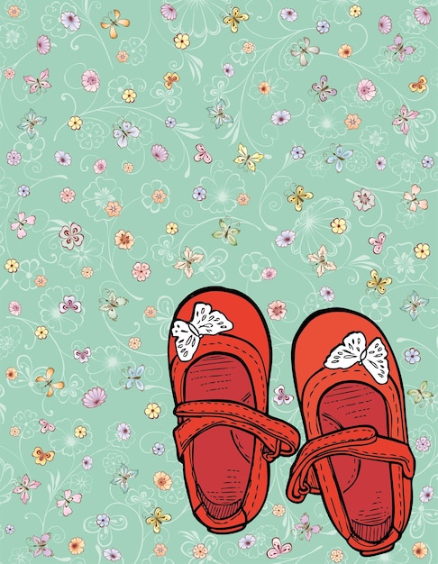 装飾的な花の背景に小さな女の子のための赤い靴のベクトル図