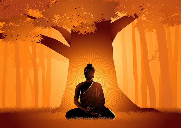 菩提樹の下で悟りを開いたシッダールタゴータマのベクトルイラスト、菩提樹の下で仏の悟り