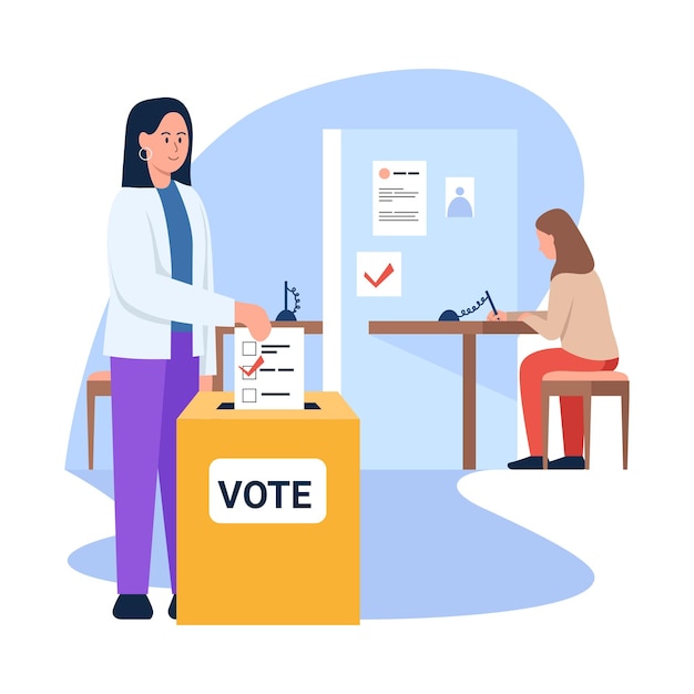 Вектор Векторная иллюстрация государственных выборов сцена мультфильма с девушками, которые пришли голосовать за президента или партию на белом фоне