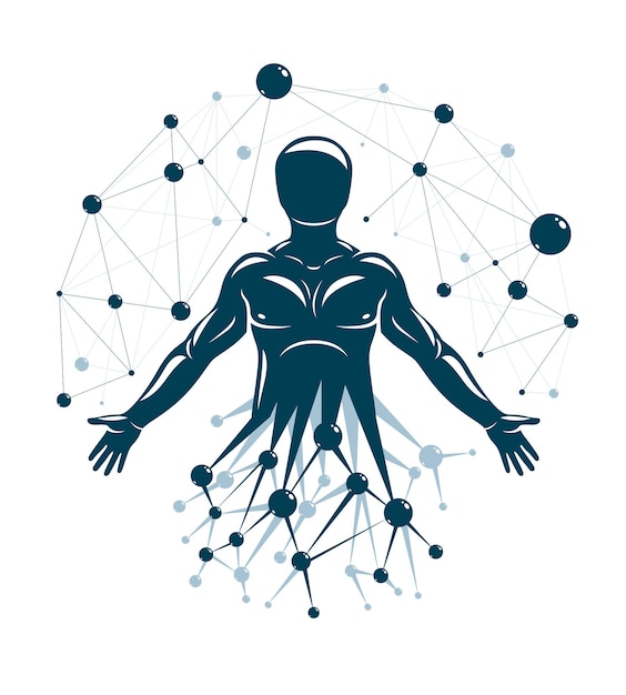 Вектор Векторная иллюстрация сильного мужчины, сделанная с использованием каркасной сетки и научных атомных соединений. концепция молекулярной инженерии.