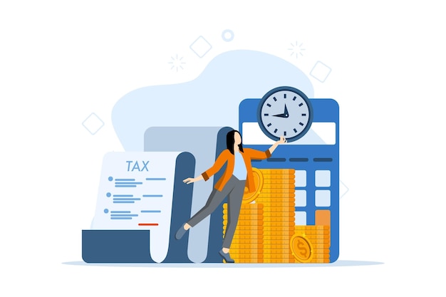 Векторная иллюстрация концепции налоговой декларации с успешной женщиной, оплачивающей налоги вовремя